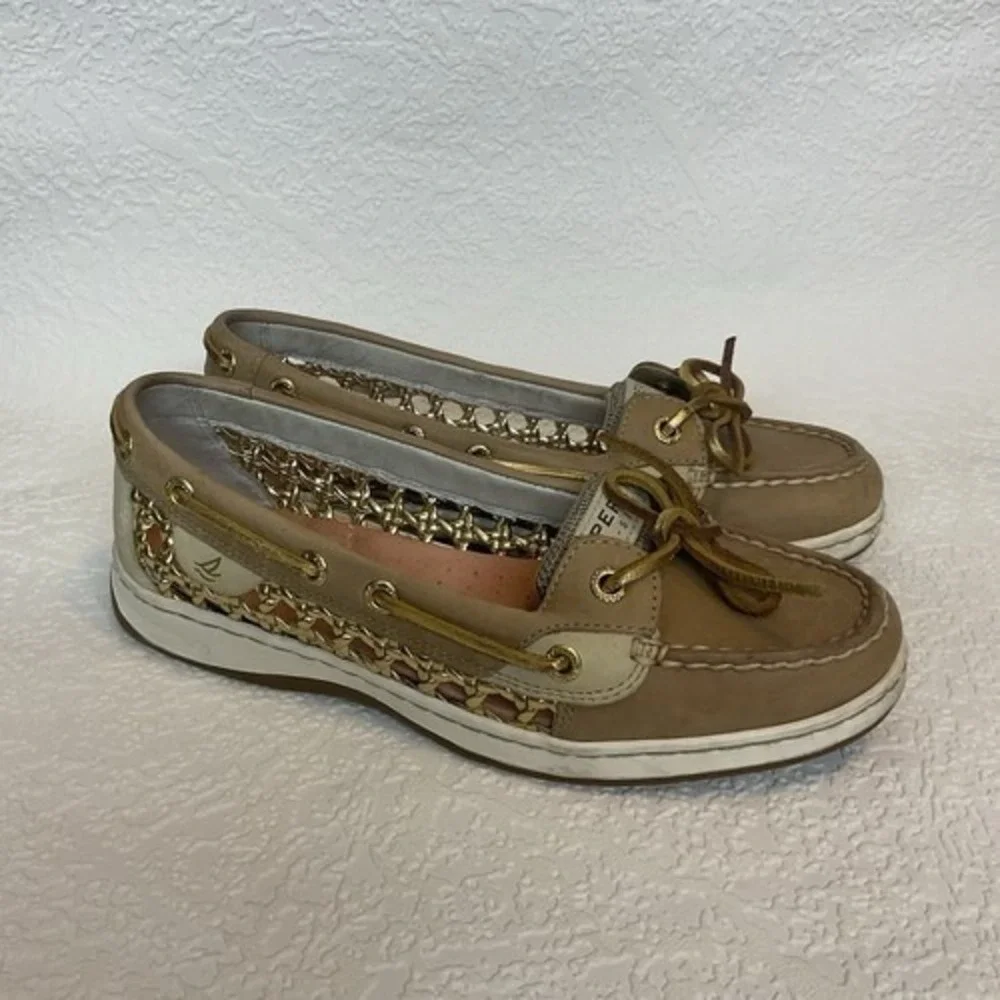 Sperry Top Sider Angelfish Tan/Gold Cage Boat Shoe Women 7M China Leather/Fabric